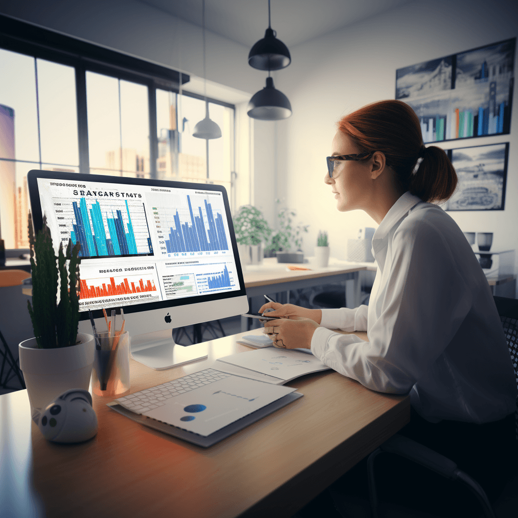 A Woman in Front of a Laptop with Stats and Charts